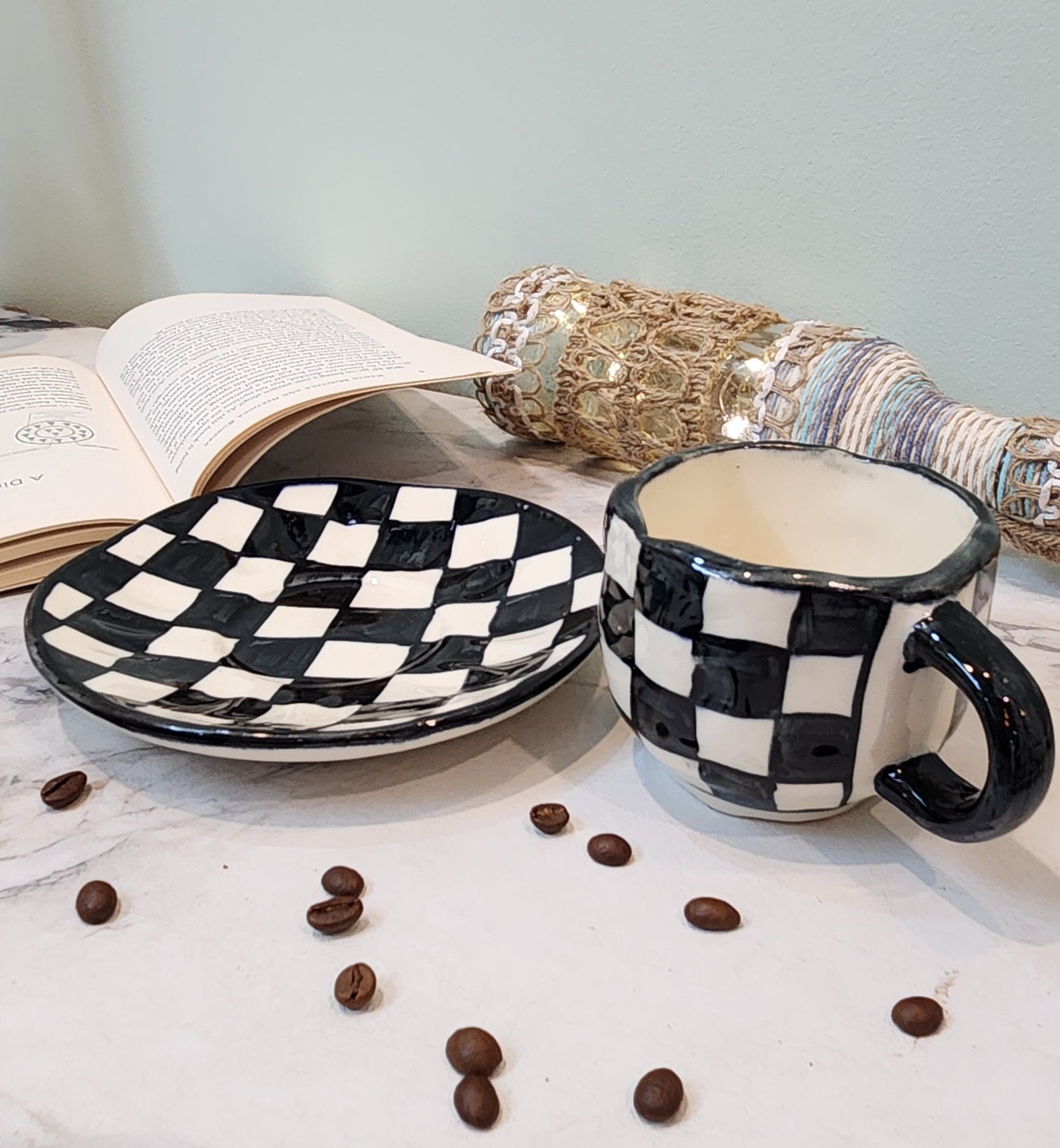 Check & Mate Ceramic Coffee & Tea Mugs with Saucers - Ceramic She Wrote