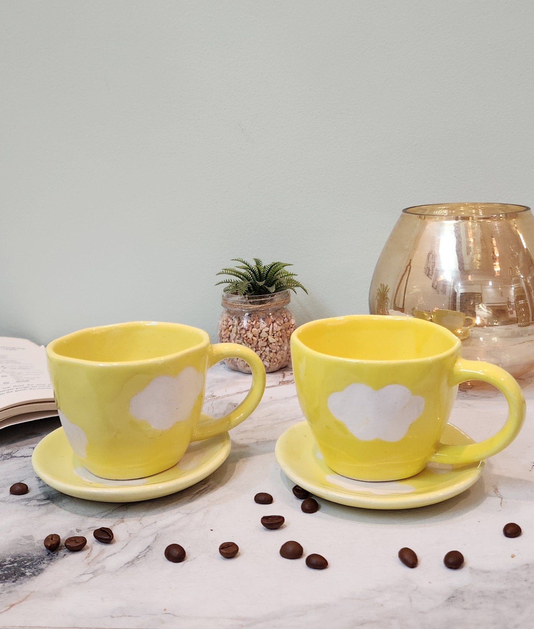 Lemon and Clouds Ceramic Coffee & Tea Mugs with Saucer - Ceramic She Wrote