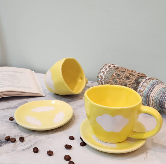 Lemon and Clouds Ceramic Coffee & Tea Mugs with Saucer - Ceramic She Wrote