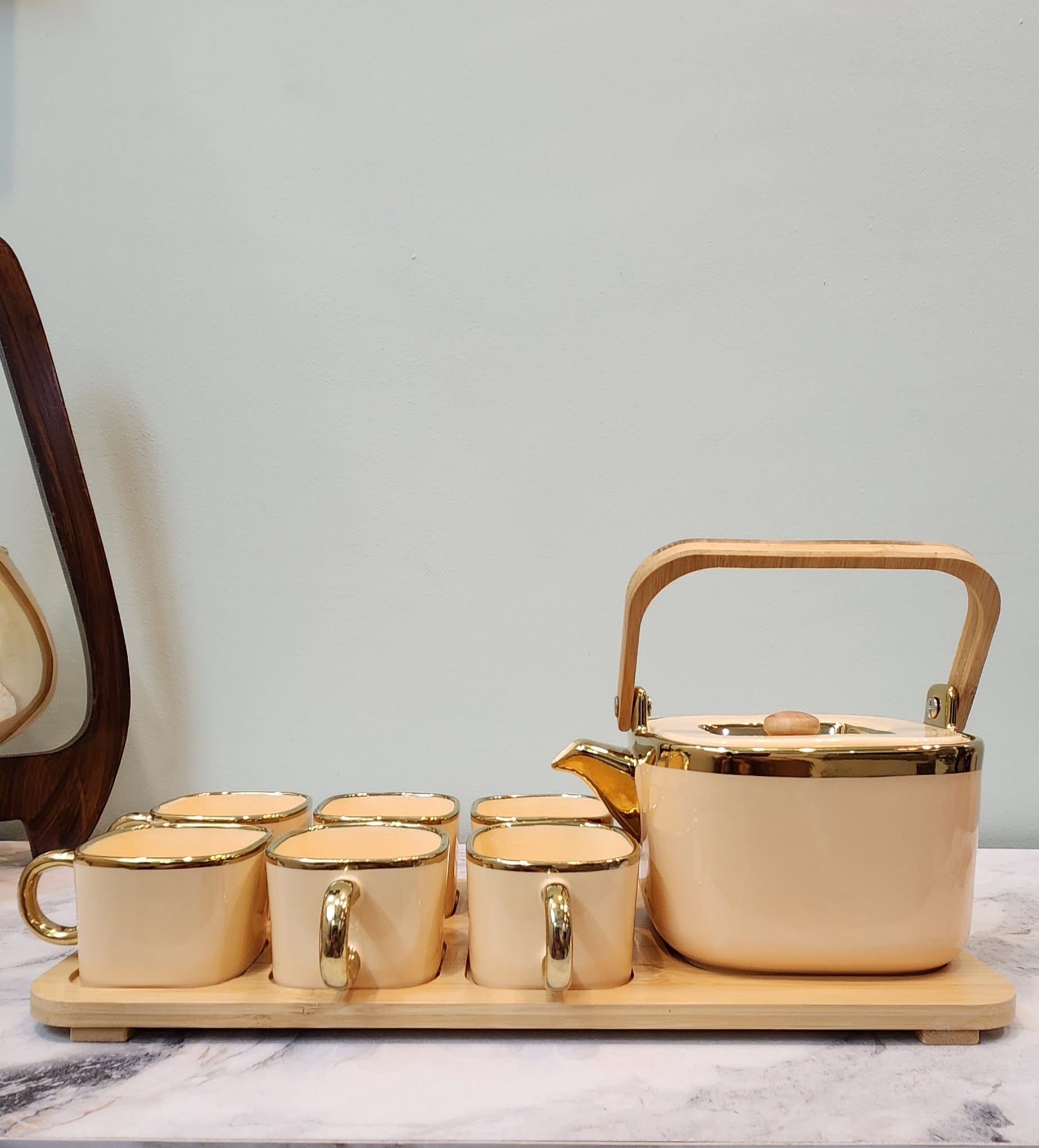 The Luxe : Royal Touch Porcelain Tea Cup Set with Kettle in Dessert Sand color - Ceramic She Wrote