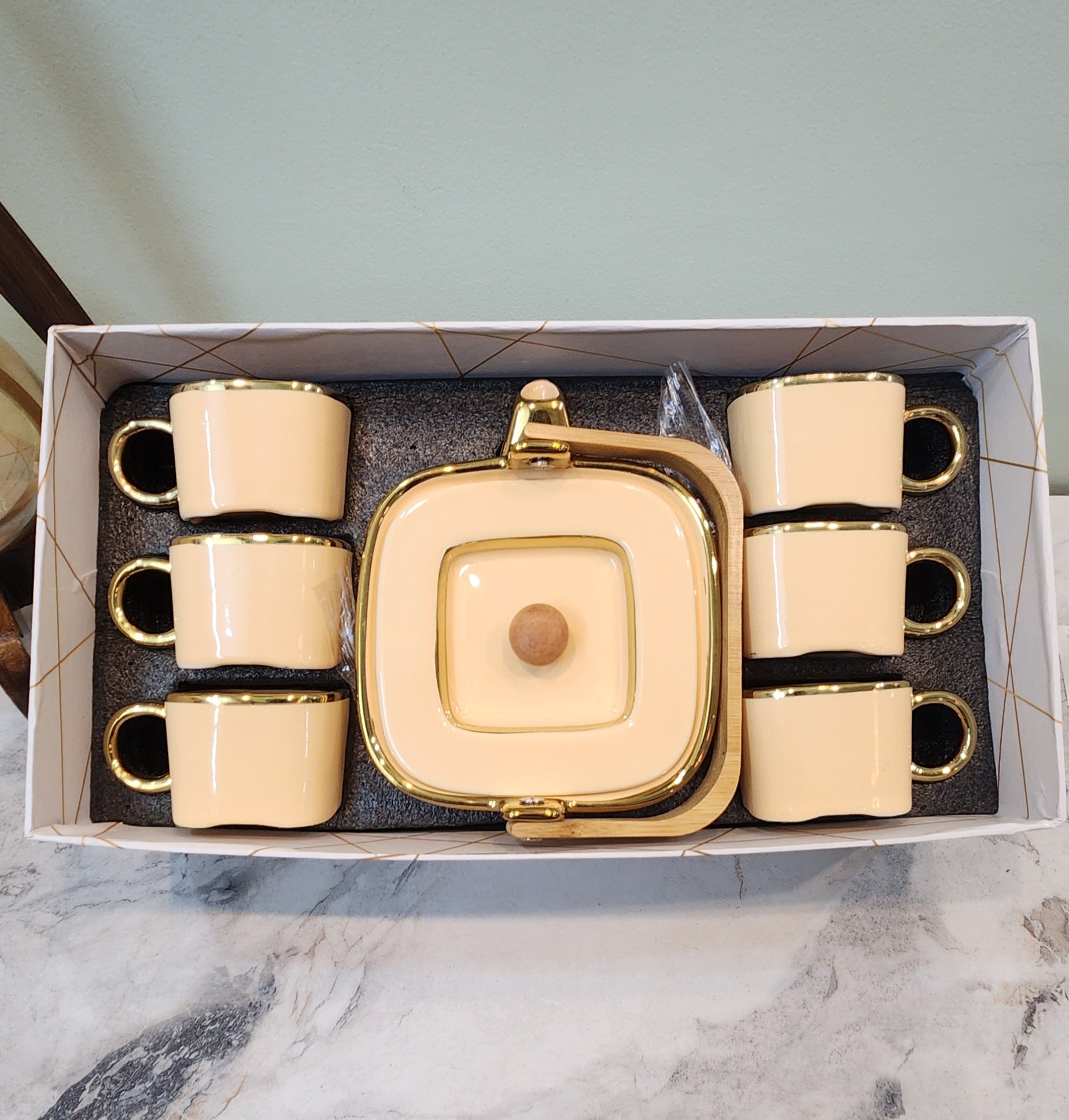 The Luxe : Royal Touch Porcelain Tea Cup Set with Kettle in Dessert Sand color - Ceramic She Wrote