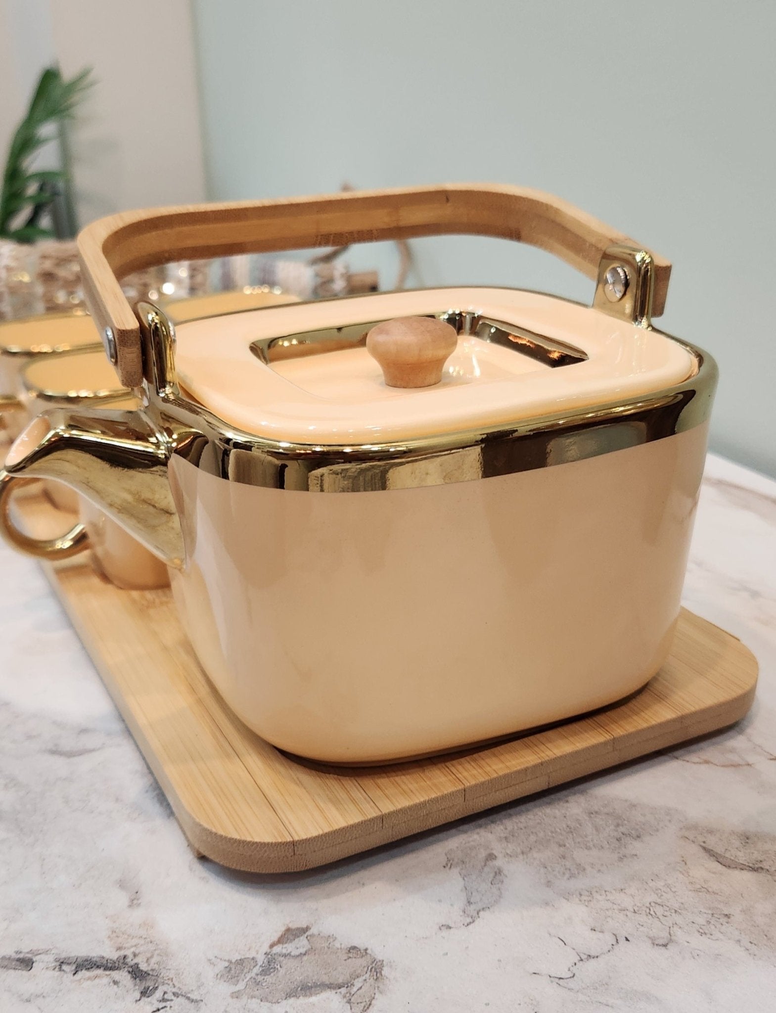 The Luxe : Royal Touch Porcelain Tea Cup Set with Kettle in Dessert Sand color - Ceramic She Wrote