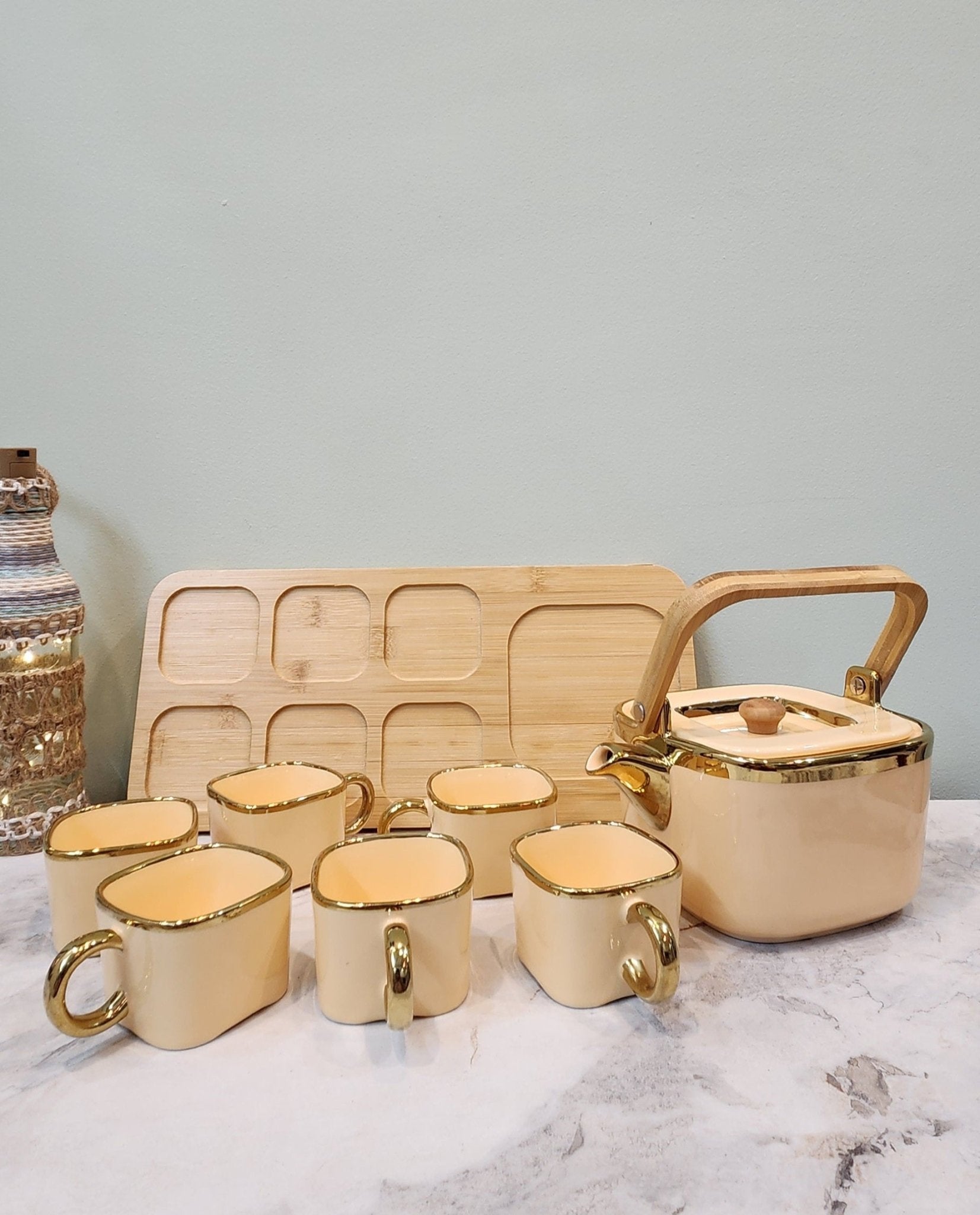 The Luxe : Royal Touch Porcelain Tea Cup Set with Kettle in Dessert Sand color - Ceramic She Wrote