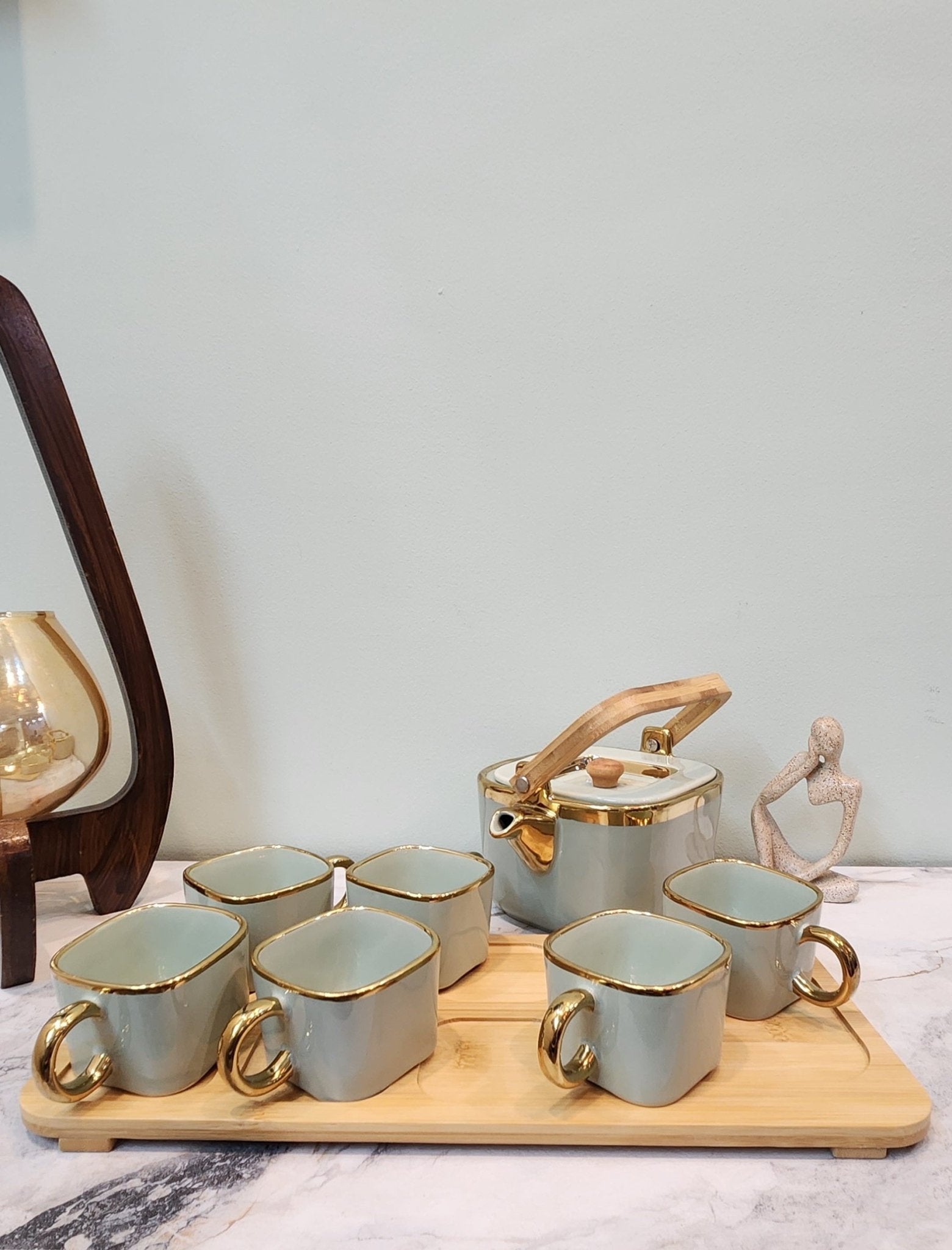 The Luxe : Royal Touch Porcelain Tea Cup Set with Kettle in Pistachio Green - Ceramic She Wrote