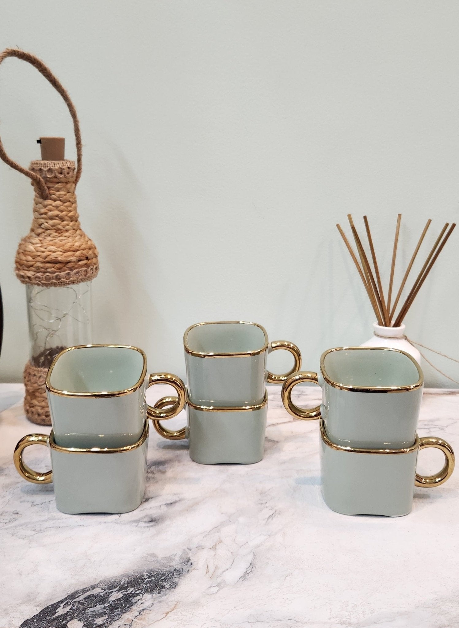 The Luxe : Royal Touch Porcelain Teacup Set of 6 in Pistachio Green - Ceramic She Wrote
